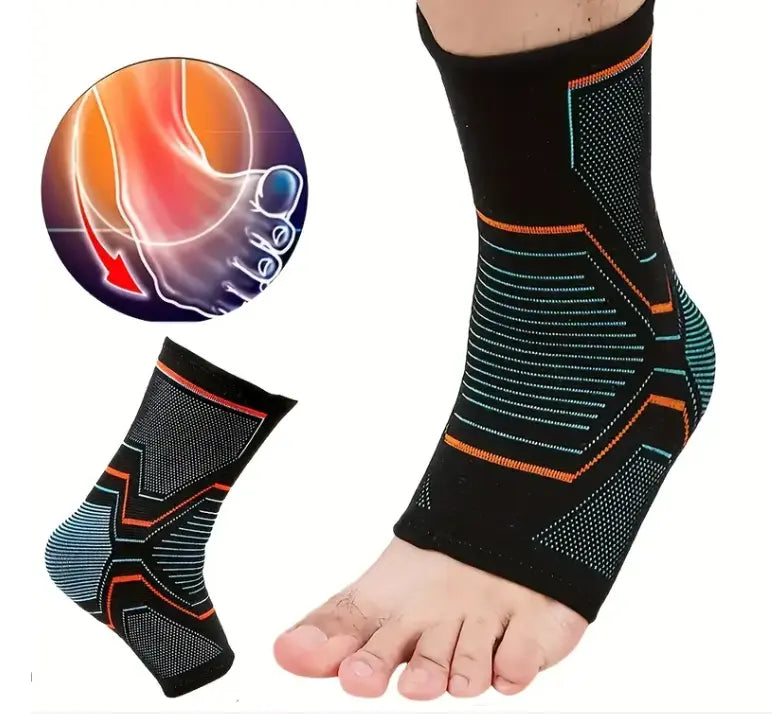 Elastiske kompresjonssokker i pustende nylon for ankler og føtter. Forbedret komfort og støtte, er egnet for bruk under sport og under rehabilitering.