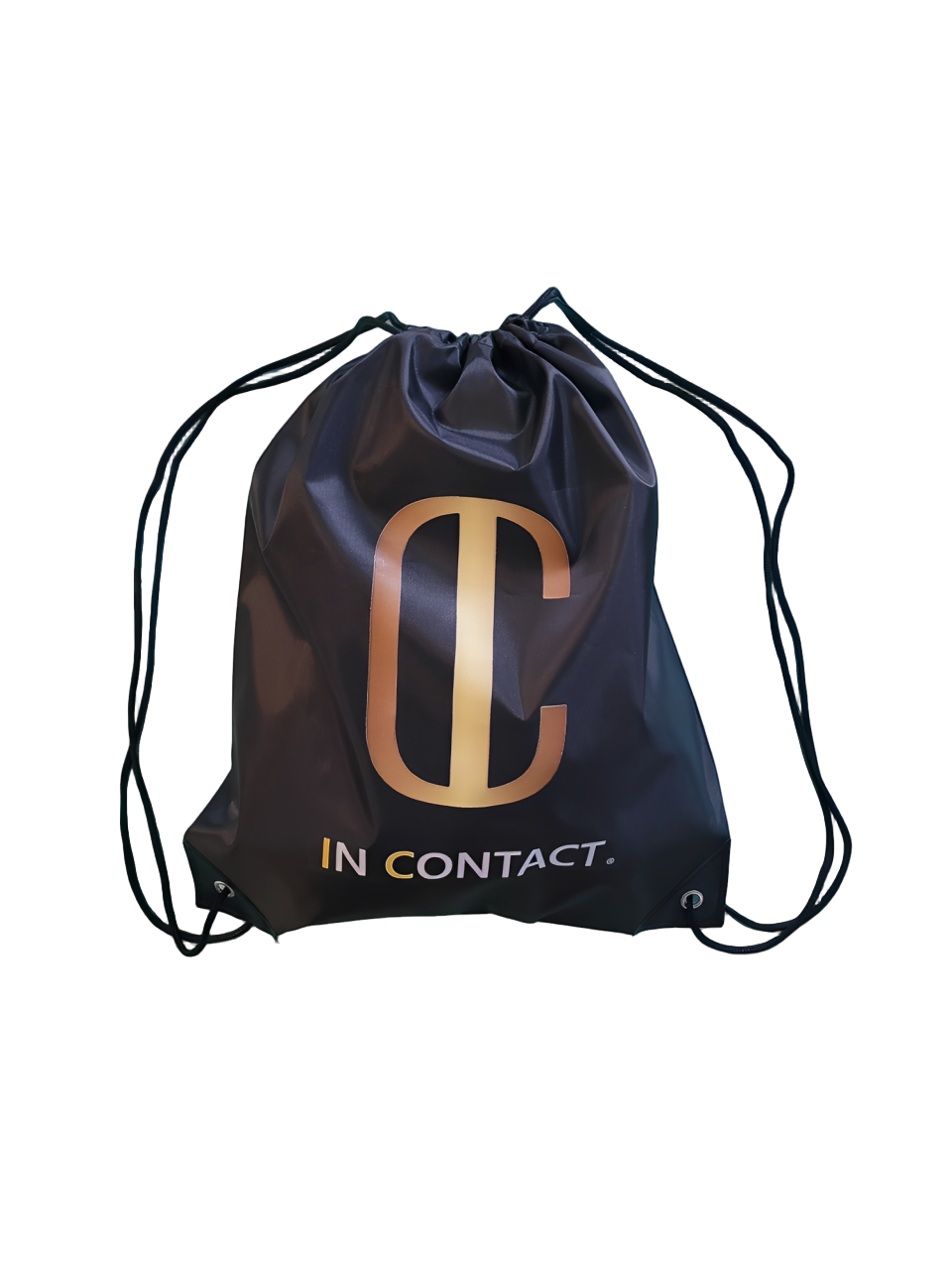 Imagem de saco de alças personalizado da IC - In Contact. De cor preta e em poliéster. Leve e pratico. 